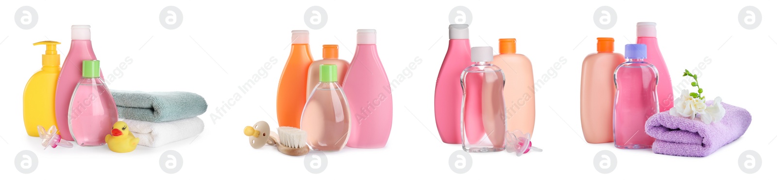 Image of Set with baby oil, other cosmetic products and accessories on white background. Banner design