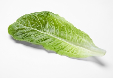 Photo of Leaf of fresh ripe cos lettuce on white background