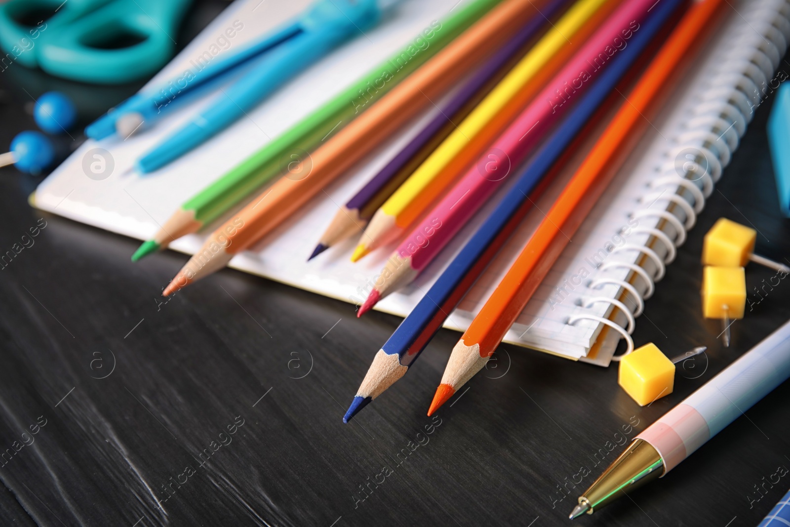 Photo of Different stationery on table, closeup. Back to school