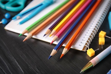 Different stationery on table, closeup. Back to school