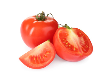 Photo of Tasty fresh raw tomatoes isolated on white