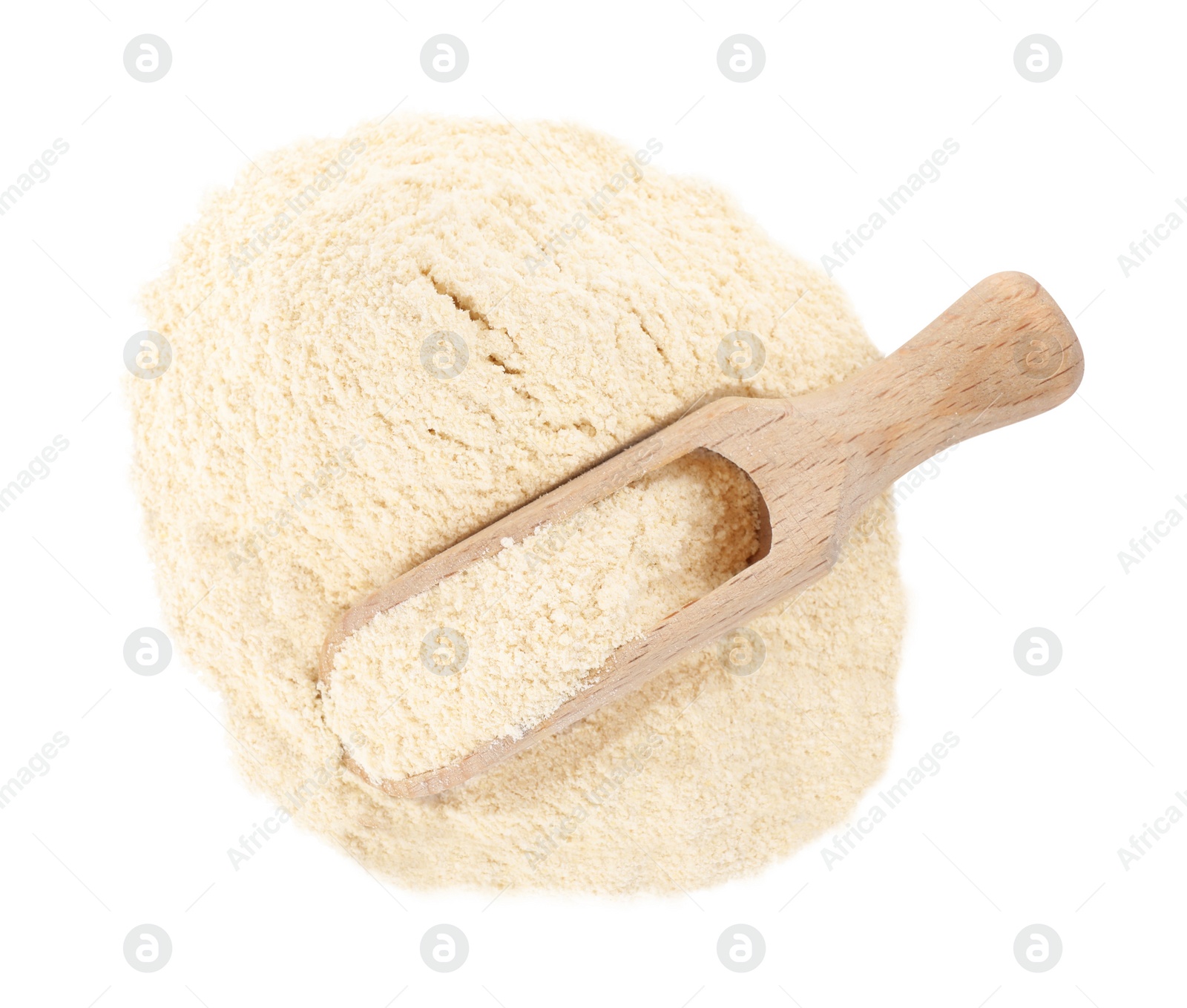 Photo of Wooden scoop with quinoa flour on white background, top view