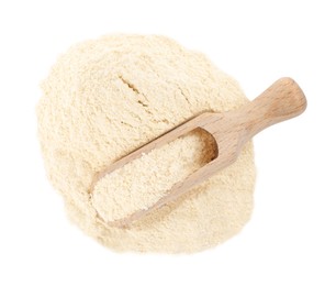 Photo of Wooden scoop with quinoa flour on white background, top view