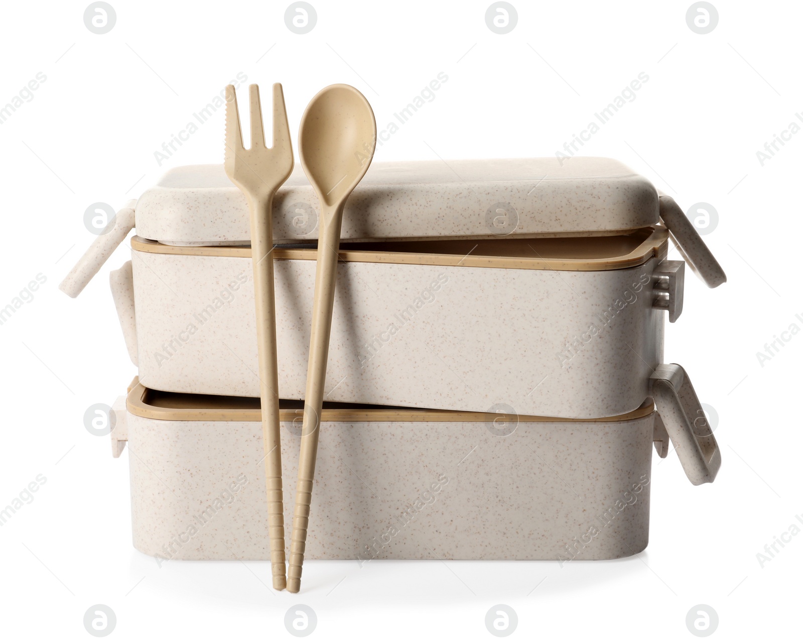 Photo of Eco friendly lunch boxes with cutlery on white background. Conscious consumption