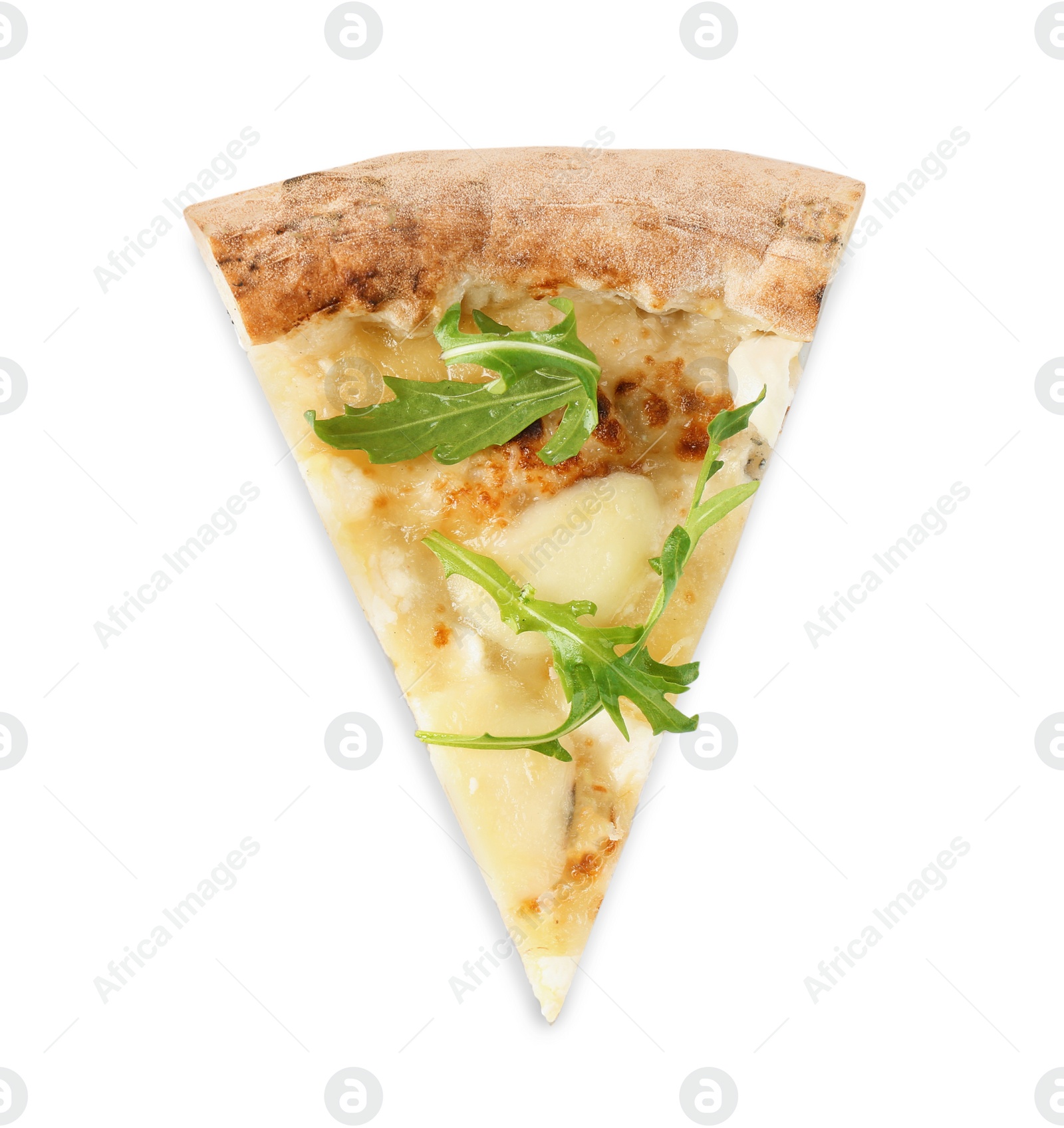 Photo of Slice of tasty cheese pizza with arugula isolated on white, top view