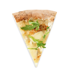 Photo of Slicetasty cheese pizza with arugula isolated on white, top view