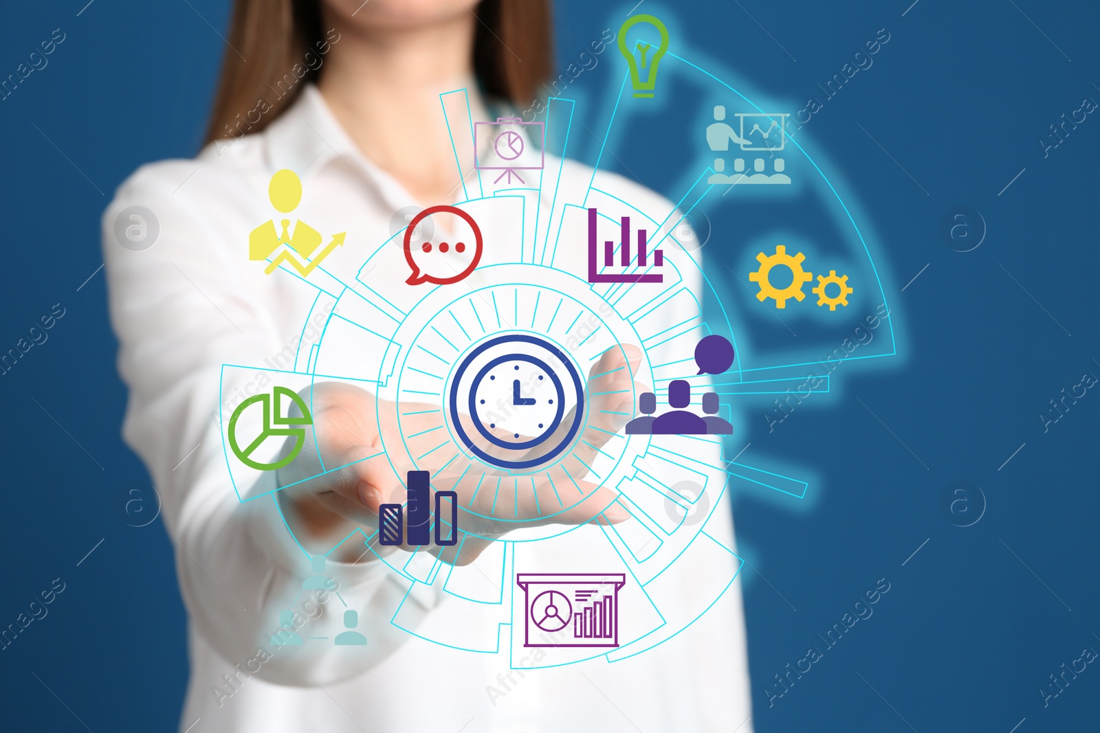 Image of Modern technology concept. Woman on blue background, closeup