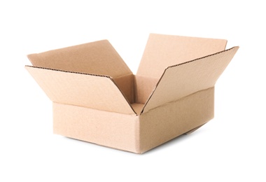 Photo of Open empty cardboard box on white background