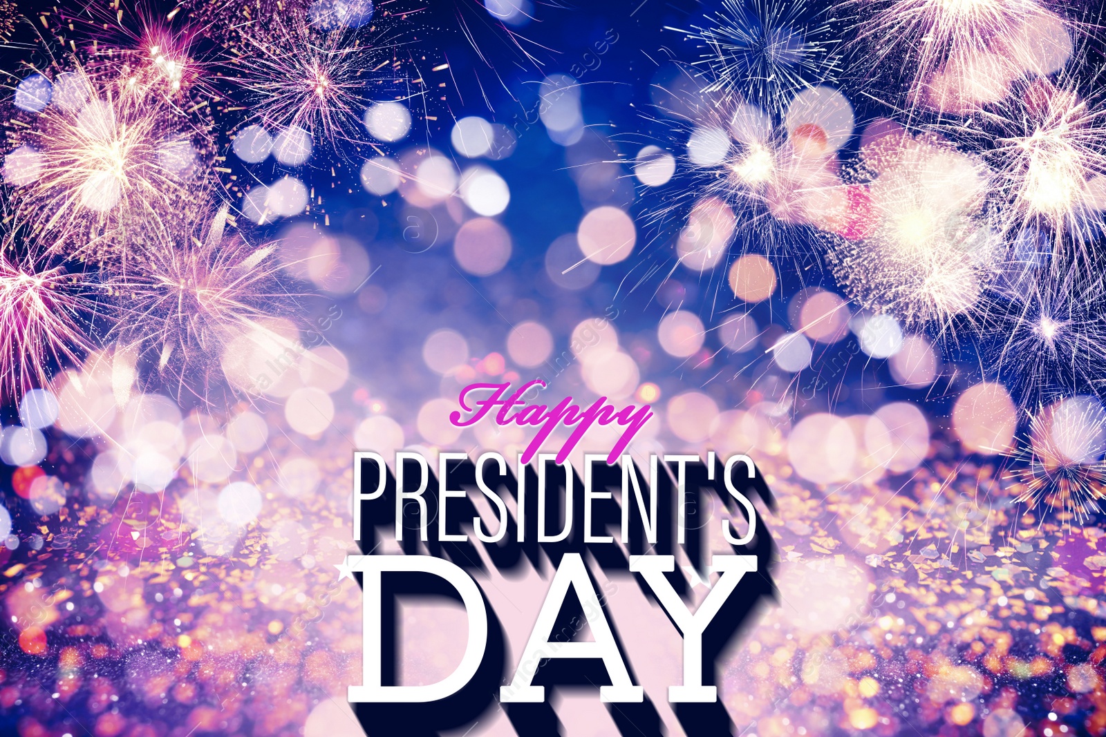 Image of Happy President's Day - federal holiday. Festive background with fireworks and glitters, bokeh effect