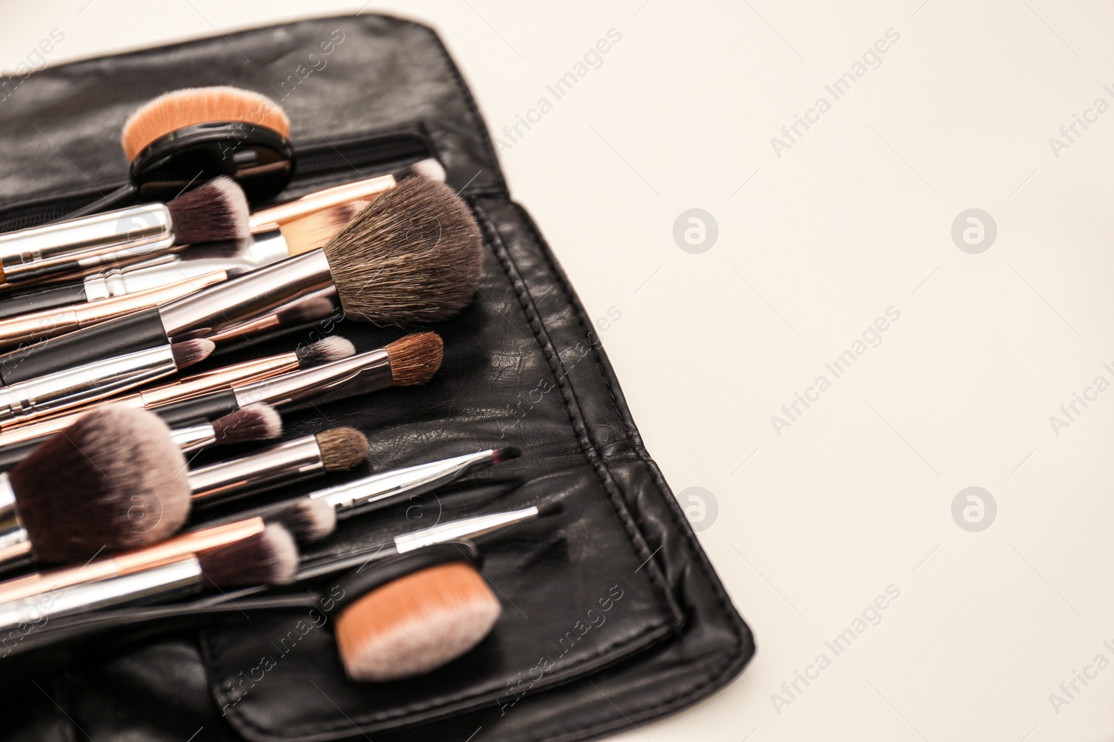 Photo of Set of professional brushes for makeup artist on white table, closeup. Space for text