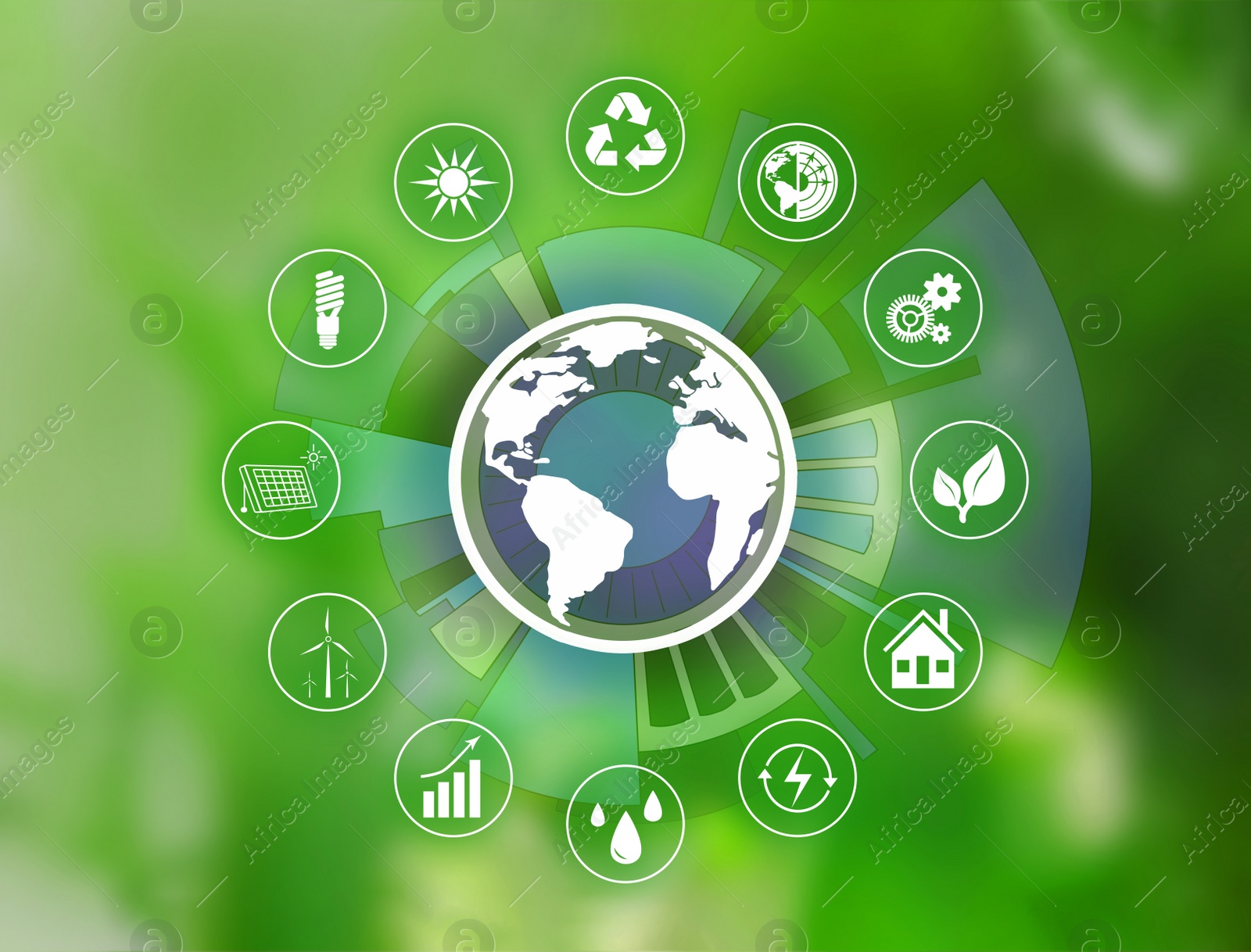 Image of Energy efficiency concept. Different icons on green background
