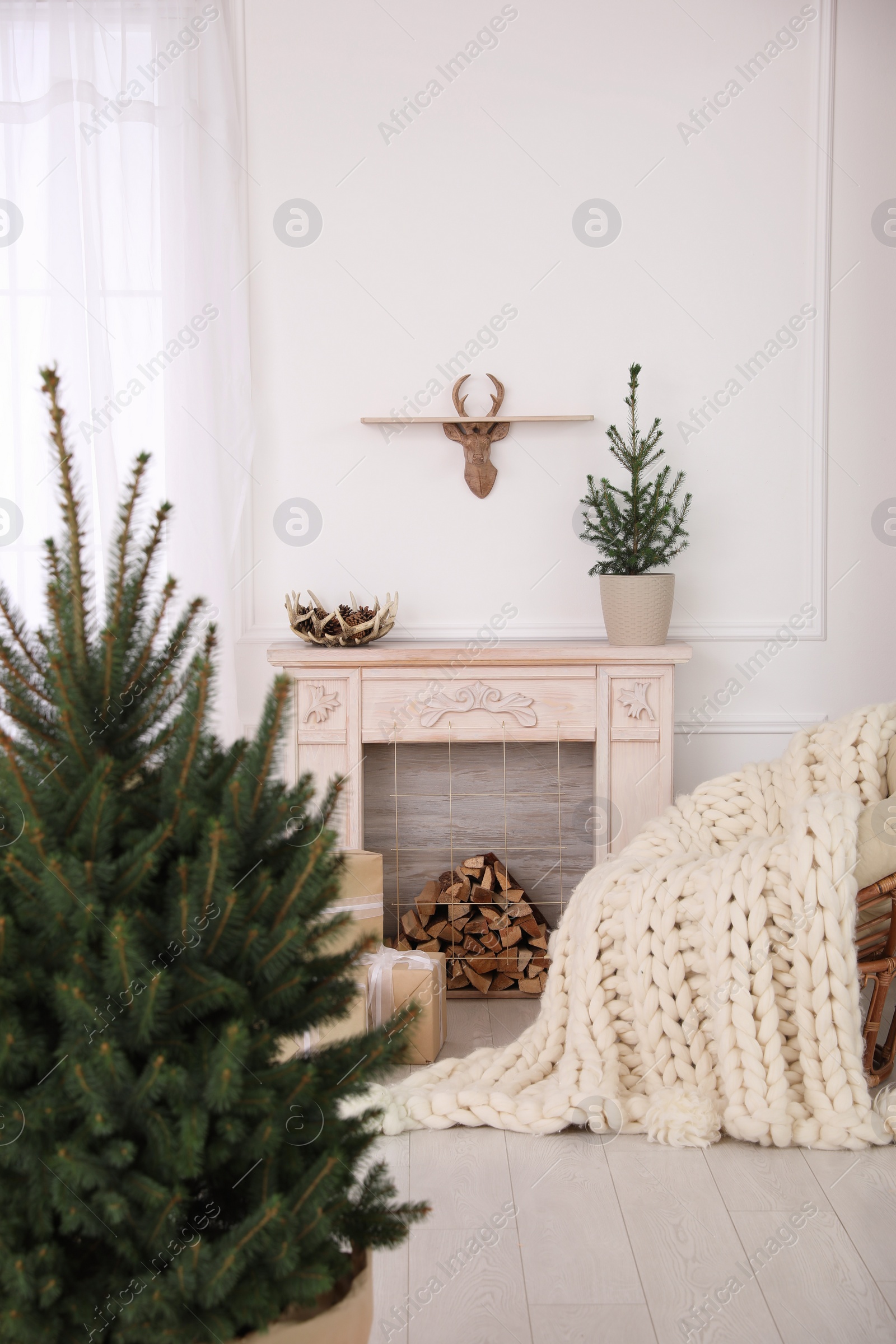 Photo of Beautiful living room interior with fireplace and fir trees