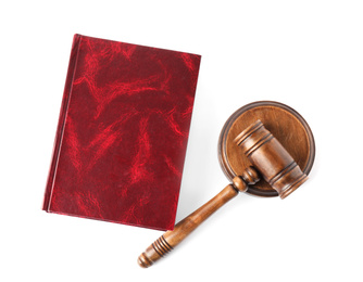 Photo of Domestic violence law book and wooden gavel on white background, top view
