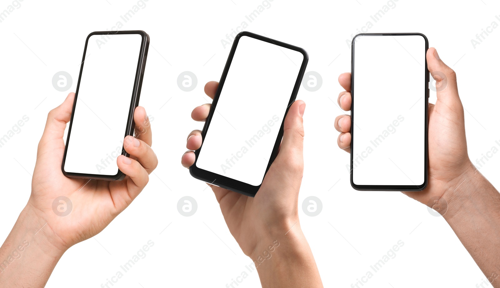 Image of Men holding phones with blank screens on white background, closeup. Set of photos