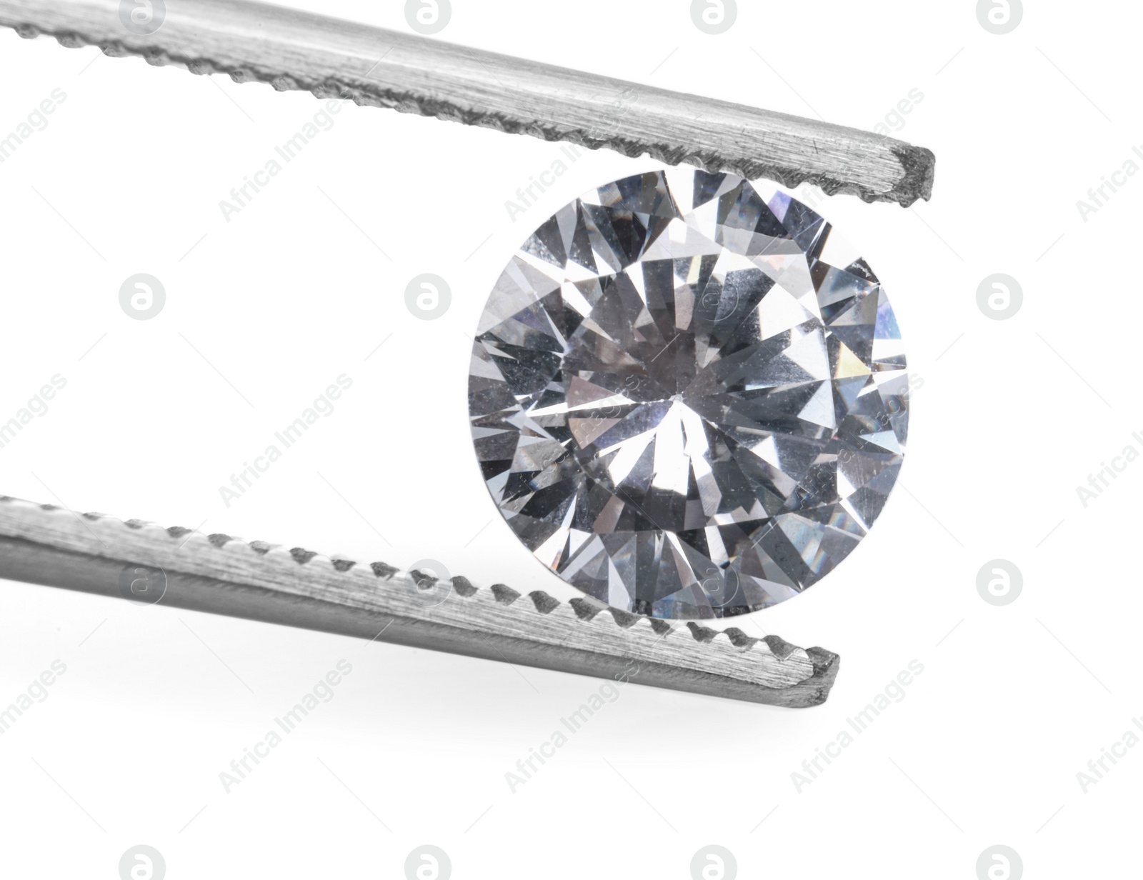 Photo of Tweezers with beautiful shiny diamond isolated on white