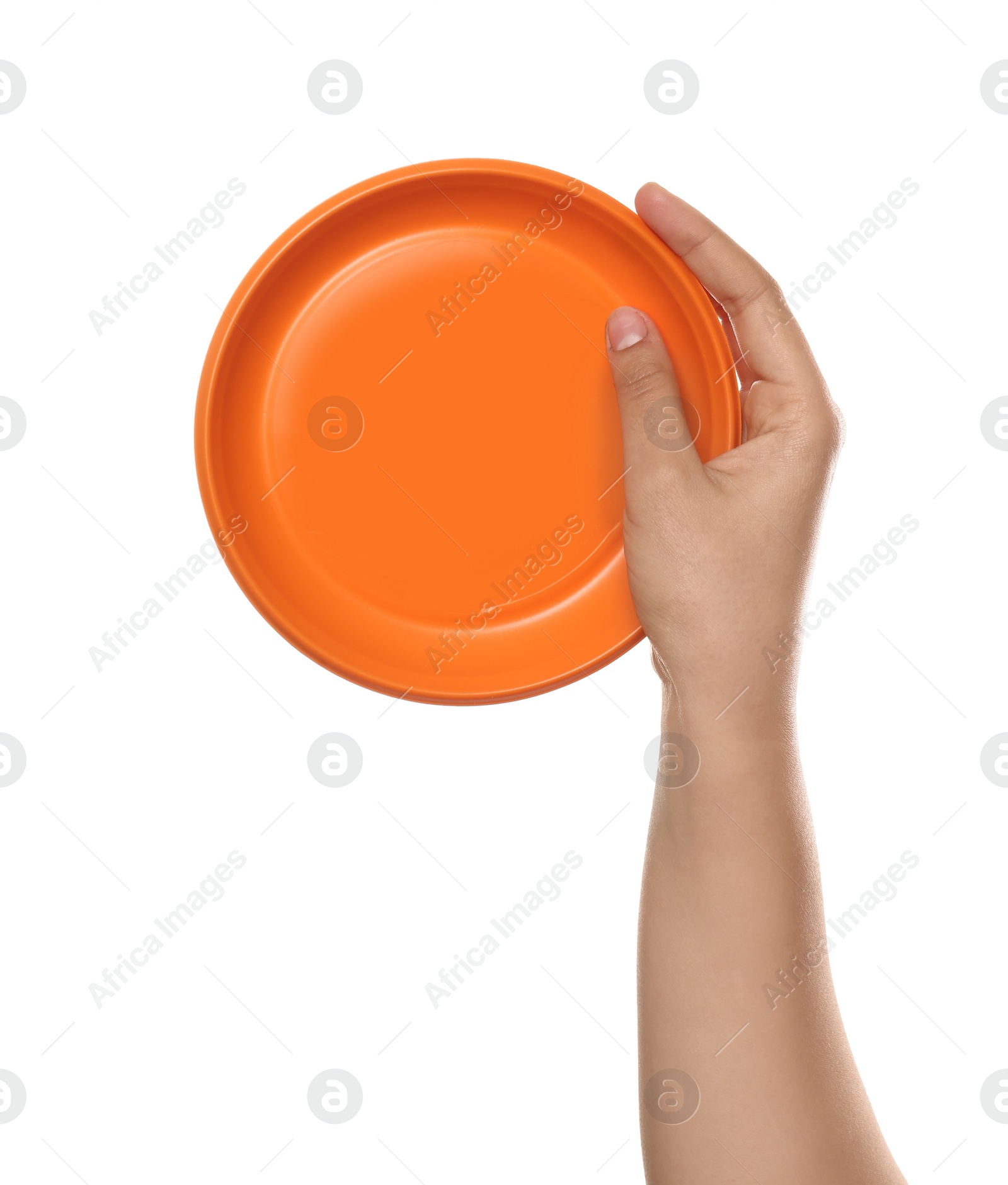 Photo of Woman holding plastic plate on white background, closeup