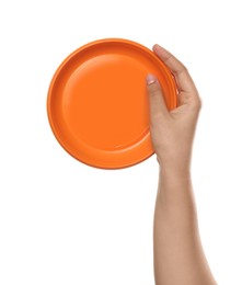 Photo of Woman holding plastic plate on white background, closeup