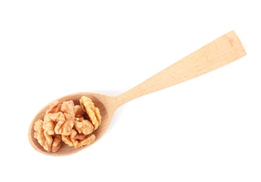 Photo of Wooden spoon with tasty walnuts on white background, top view