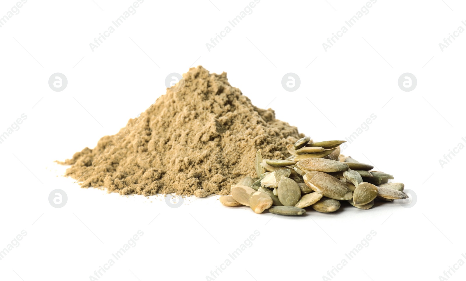 Photo of Pile of fresh flour and pumpkin seeds isolated on white