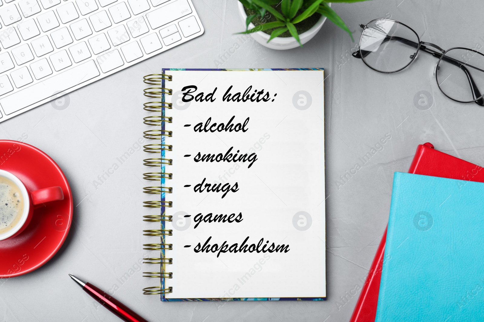 Image of Notebook with list of bad habits on light grey table, flat lay