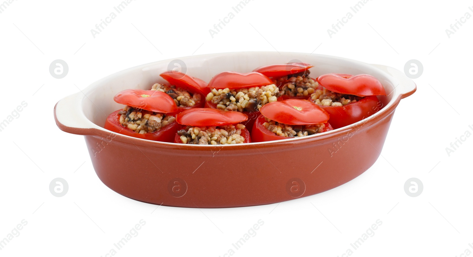 Photo of Delicious stuffed tomatoes with minced beef, bulgur and mushrooms in baking dish isolated on white