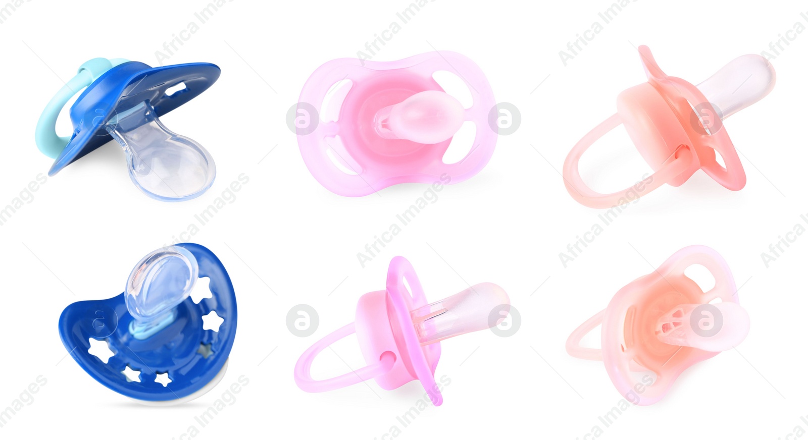 Image of Collage of baby pacifiers on white background, views from different sides