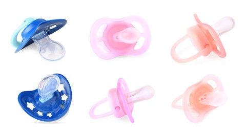 Image of Collage of baby pacifiers on white background, views from different sides