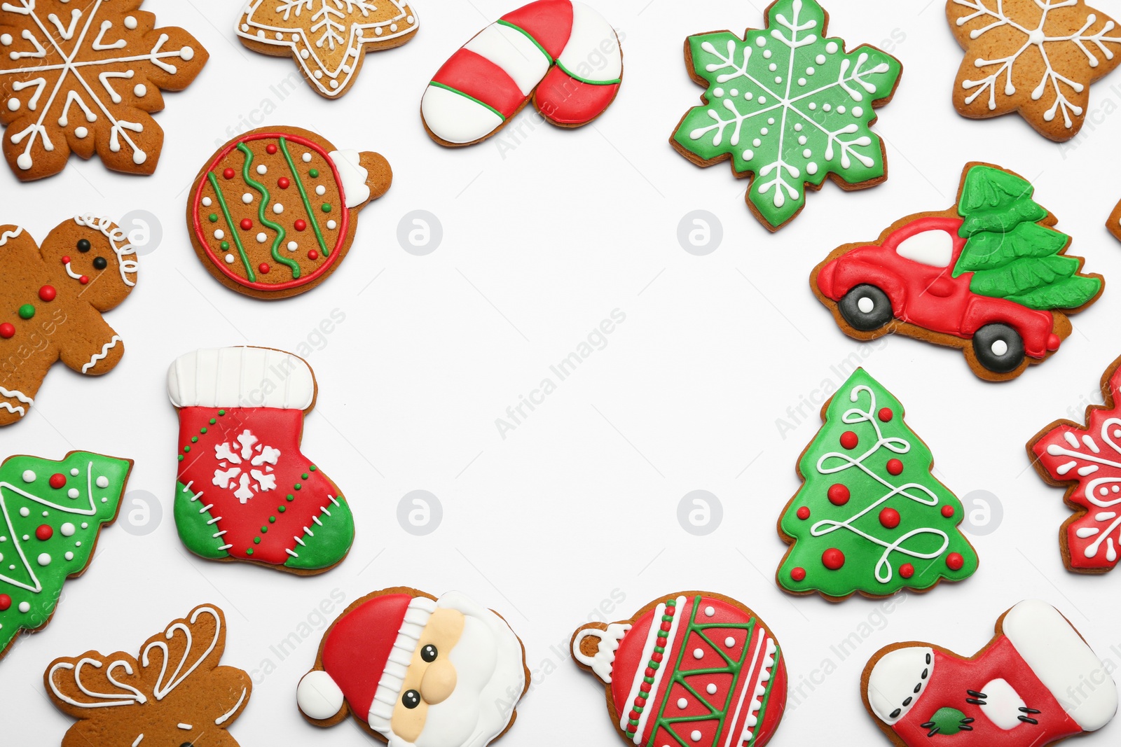 Photo of Different tasty Christmas cookies on white background, flat lay. Space for text