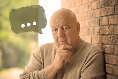 Image of Senior man suffering from dementia indoors. Illustration of speech bubble with ellipsis