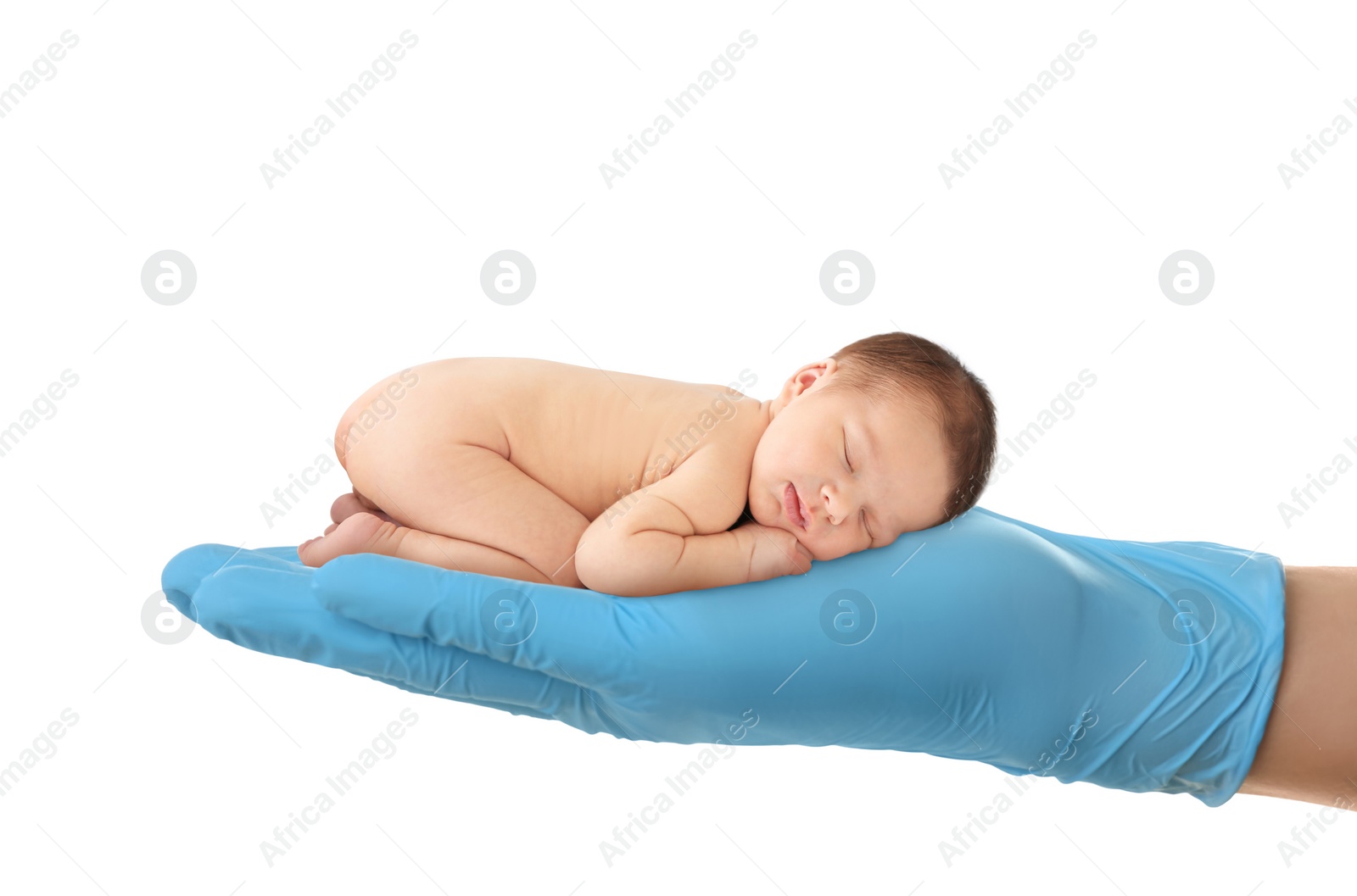 Image of Surrogacy concept. Doctor holding adorable newborn baby on white background, closeup