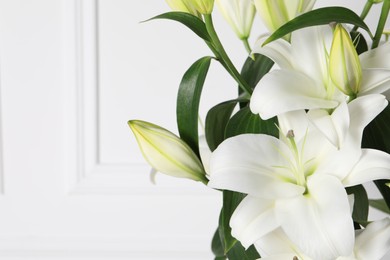 Photo of Beautiful lily flowers near white wall, closeup. Space for text