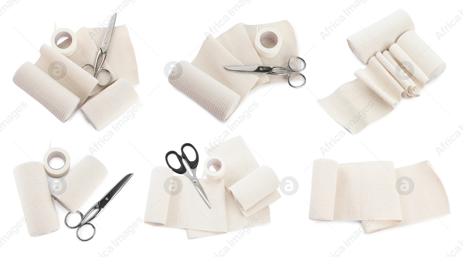 Image of Set with elastic bandages on white background, top view