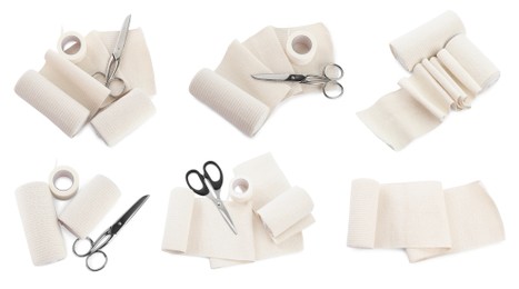 Set with elastic bandages on white background, top view