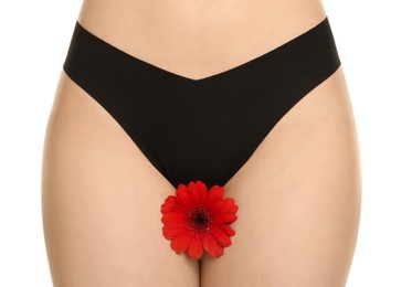 Photo of Gynecology. Woman in underwear with gerbera flower on white background, closeup