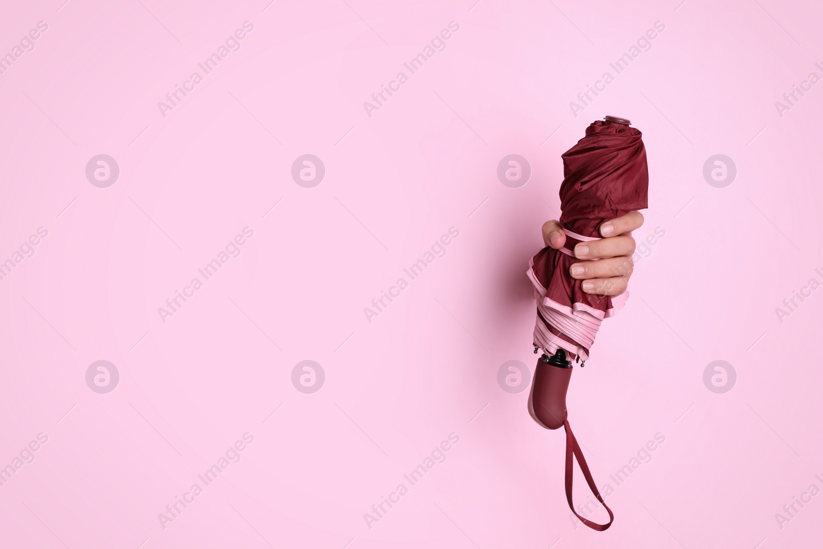 Photo of Woman holding bright foldable umbrella through hole in pink paper, closeup. Space for text