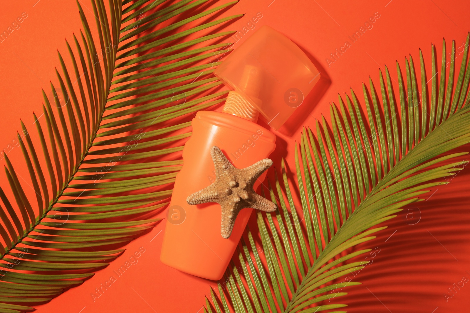 Photo of Sunscreen, starfish and tropical leaves on coral background, flat lay. Sun protection care