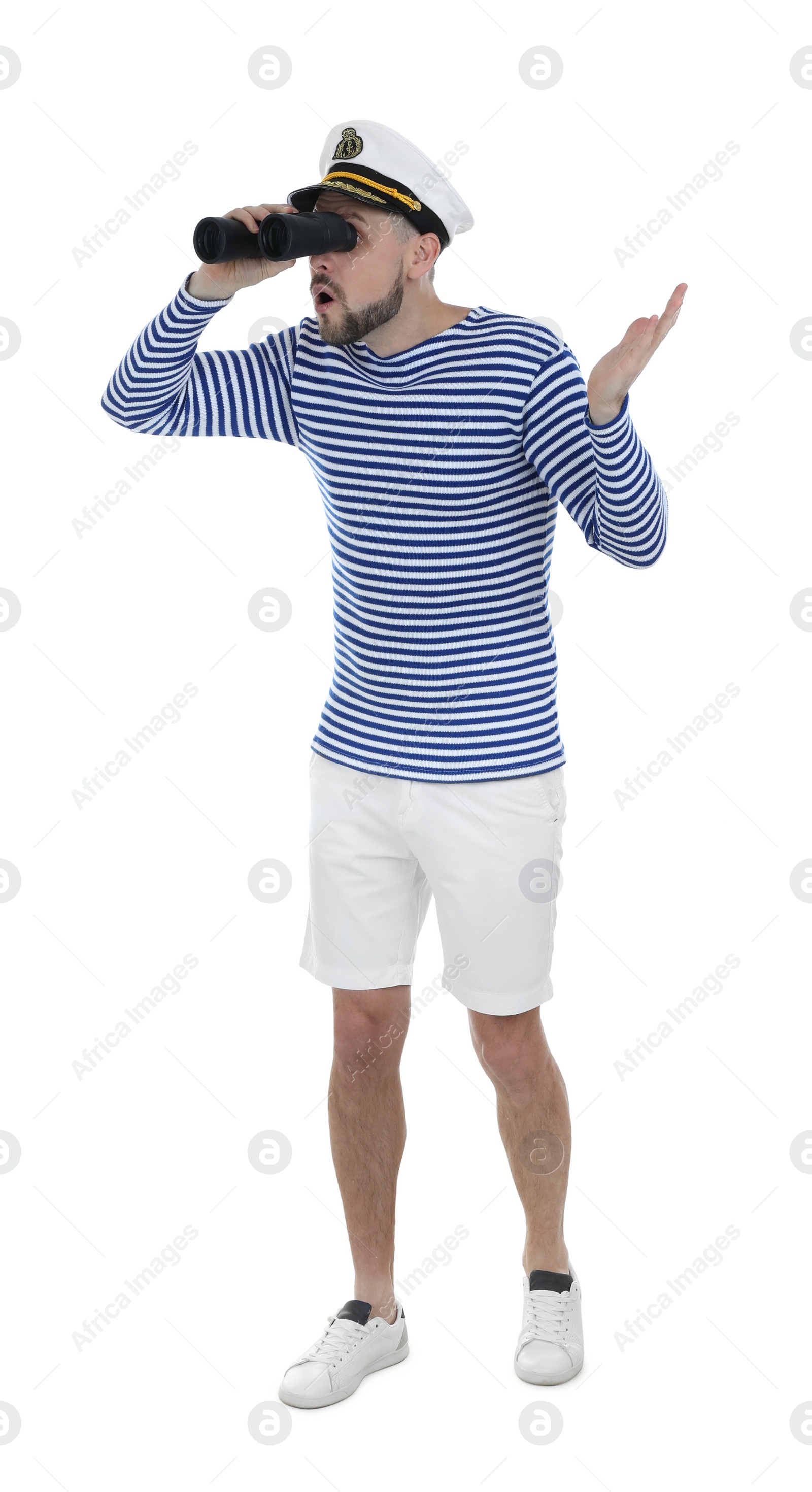 Photo of Sailor looking through binoculars on white background