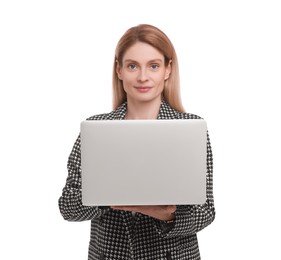 Photo of Beautiful happy businesswoman with laptop on white background