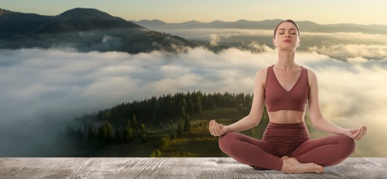 Image of Young woman practicing yoga on wooden surface against beautiful mountain landscape, space for text. Banner design