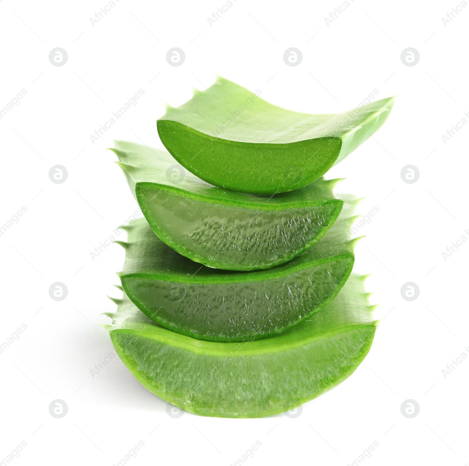 Photo of Fresh sliced aloe vera leaves on white background