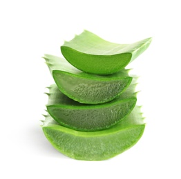 Fresh sliced aloe vera leaves on white background