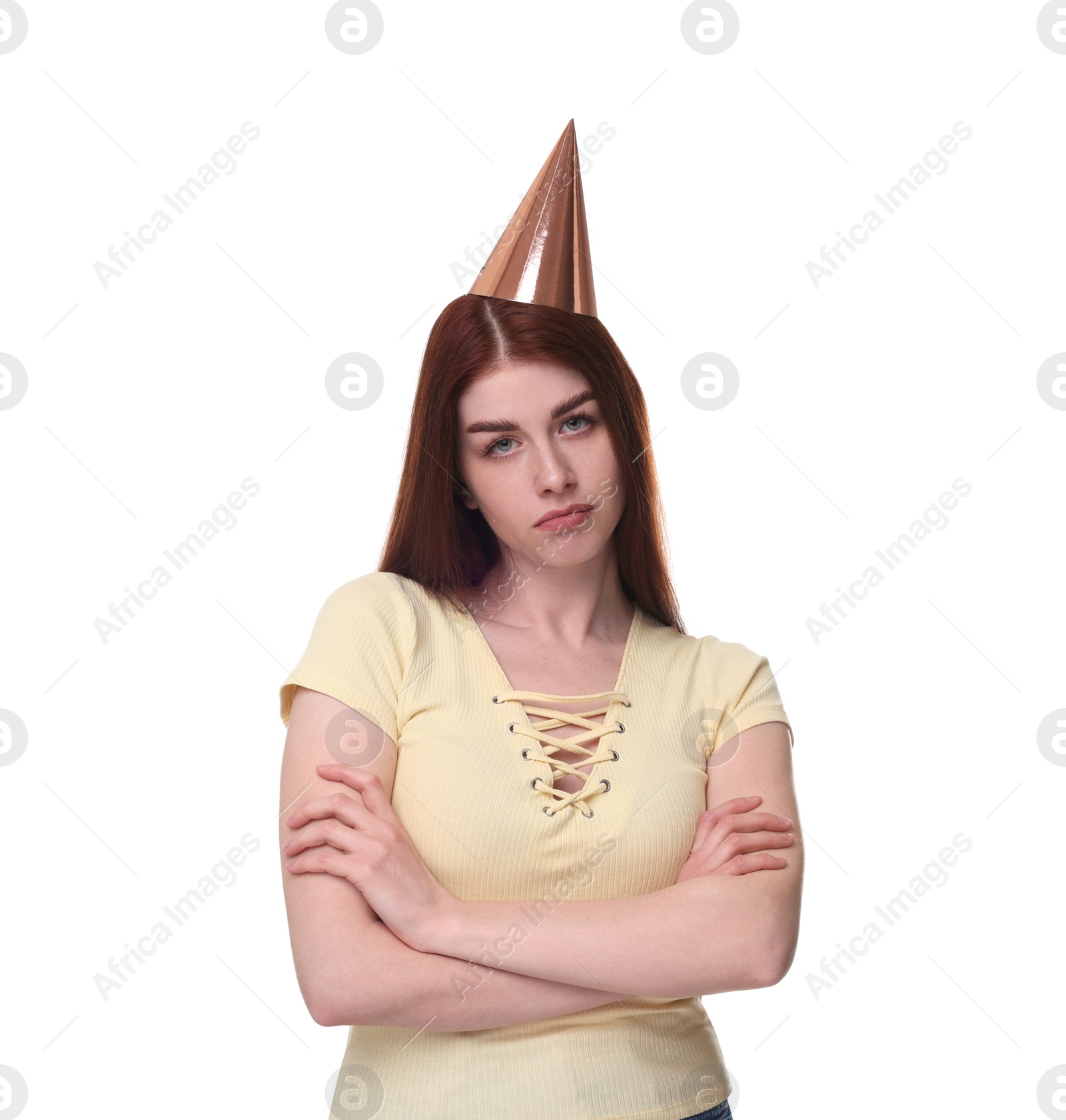 Photo of Sad woman in party hat on white background