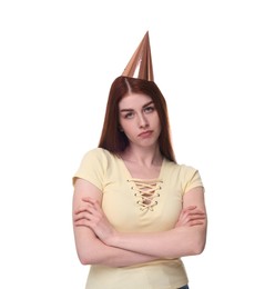 Sad woman in party hat on white background