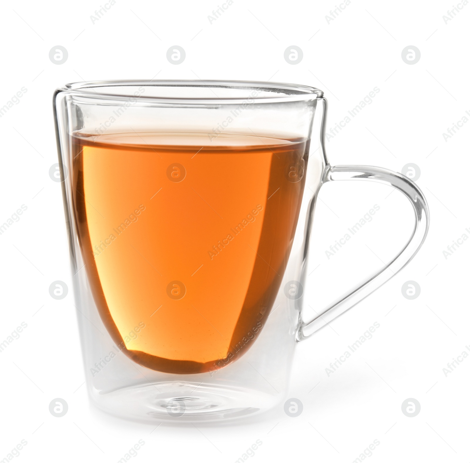 Photo of Glass cup of black tea on white background