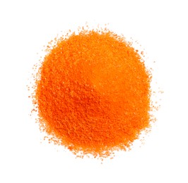 Photo of Heap of orange food coloring isolated on white, top view