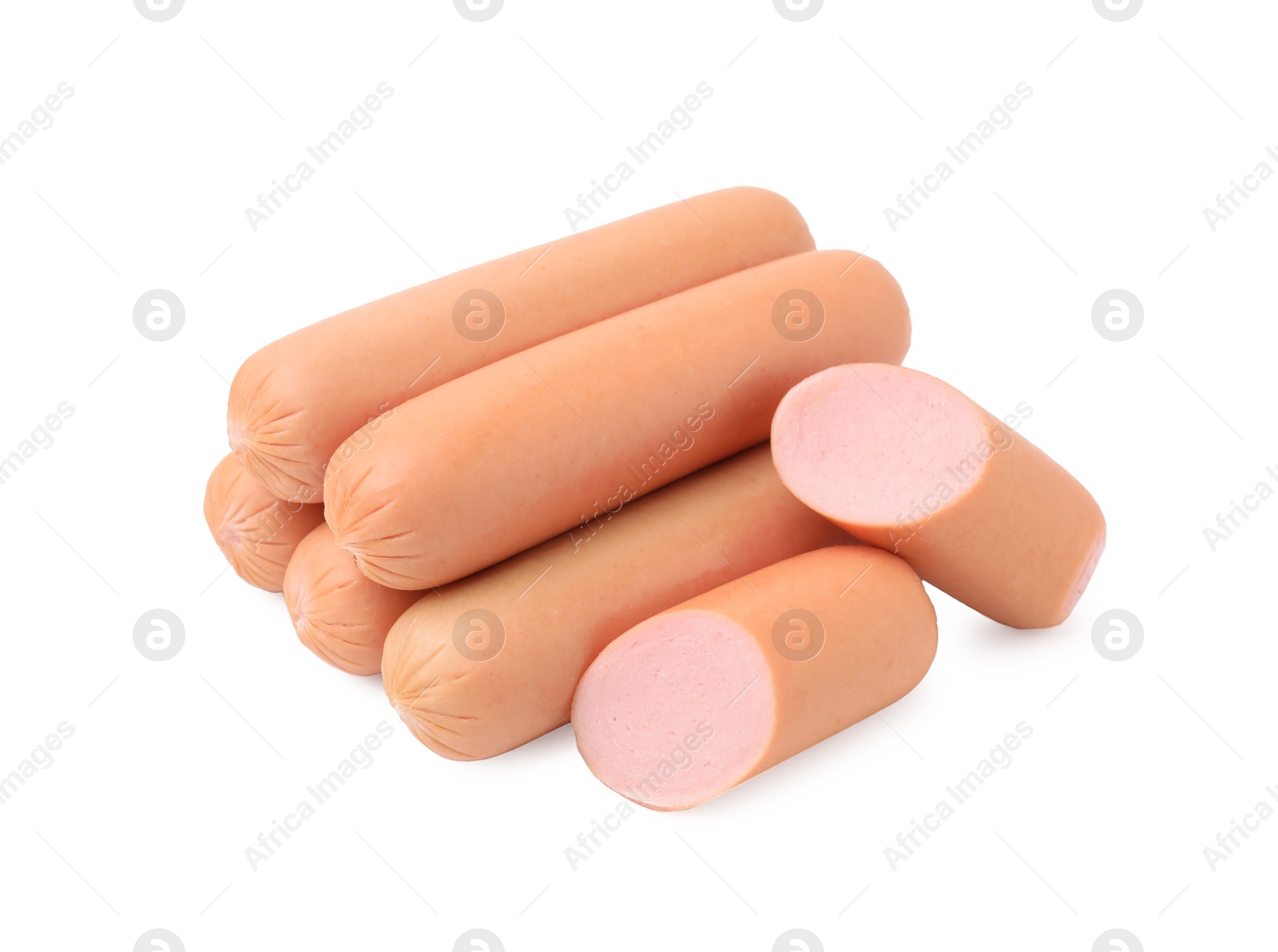 Photo of Whole and cut delicious boiled sausages on white background