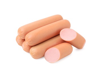 Whole and cut delicious boiled sausages on white background