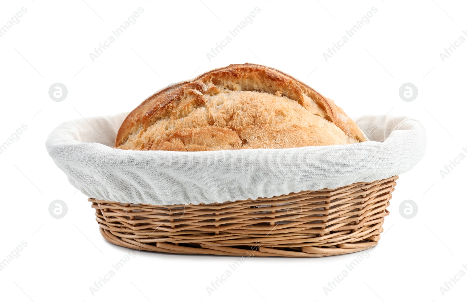 Photo of Wicker basket with fresh bread isolated on white