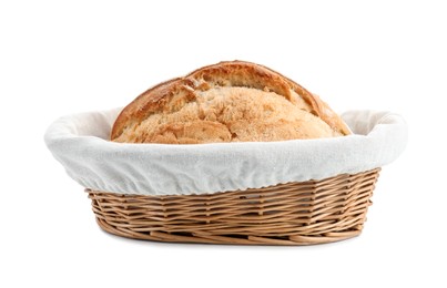 Wicker basket with fresh bread isolated on white