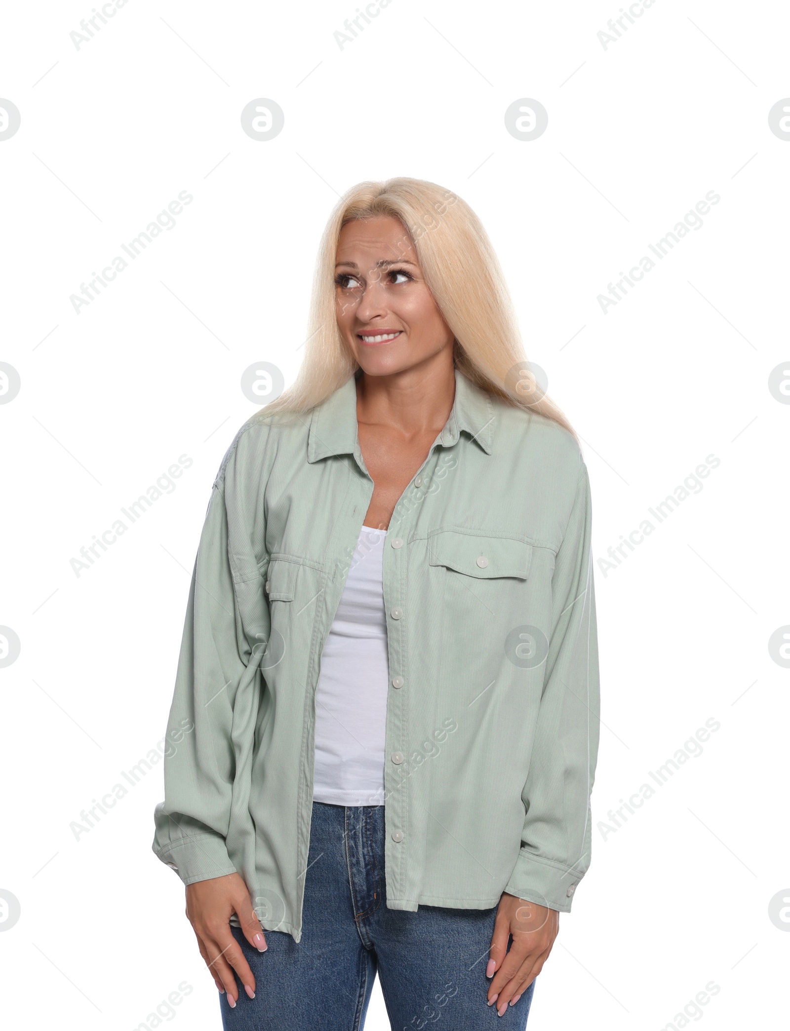 Photo of Embarrassed woman in shirt on white background